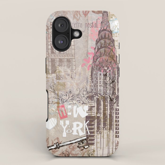 Vintage collage brown pink typography New York Landmark iPhone Case Gallery Image 1