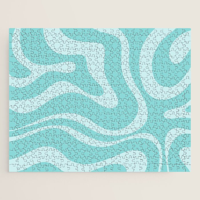 Modern Retro Liquid Swirl Fluid Abstract Pattern in Light Pastel Aqua Turquoise Jigsaw Puzzle Gallery Image 1