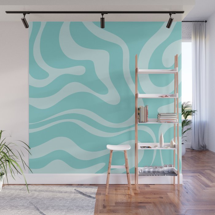 Modern Retro Liquid Swirl Fluid Abstract Pattern in Light Pastel Aqua Turquoise Wall Mural Gallery Image 1