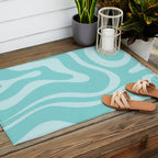 Modern Retro Liquid Swirl Fluid Abstract Pattern in Light Pastel Aqua Turquoise Outdoor Rug Gallery Image 2