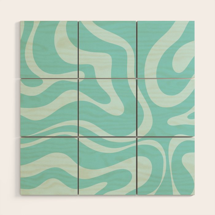 Modern Retro Liquid Swirl Fluid Abstract Pattern in Light Pastel Aqua Turquoise Wood Wall Art Gallery Image 1
