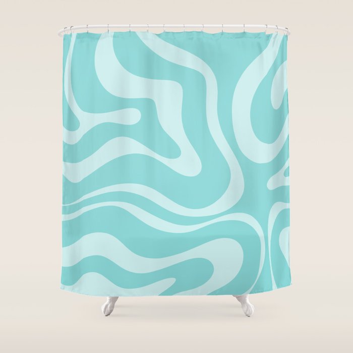Modern Retro Liquid Swirl Fluid Abstract Pattern in Light Pastel Aqua Turquoise Shower Curtain Gallery Image 1