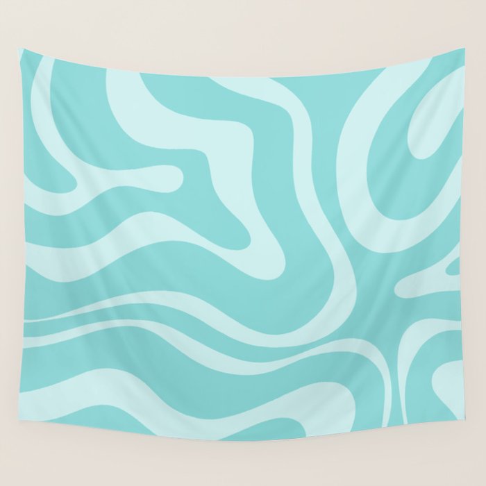 Modern Retro Liquid Swirl Fluid Abstract Pattern in Light Pastel Aqua Turquoise Wall Tapestry Gallery Image 4
