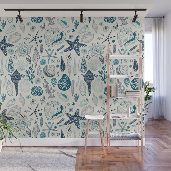Sea shells on off white Wall Mural Gallery Image 1