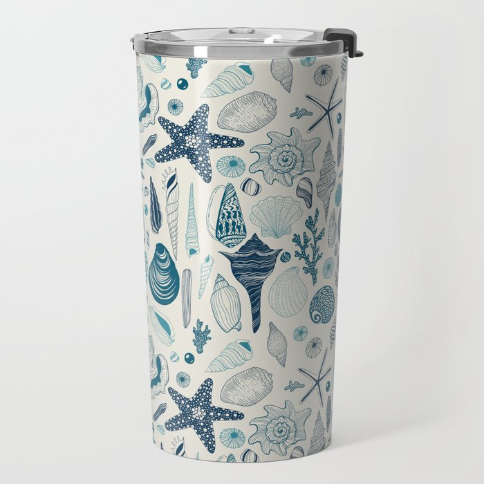 Sea shells on off white Travel Mug Gallery Image 2