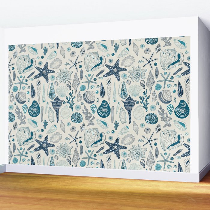 Sea shells on off white Wall Mural Gallery Image 2