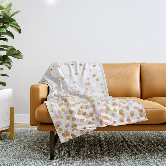 Floating Dots - Pink and Gold on White Throw Blanket Gallery Image 1