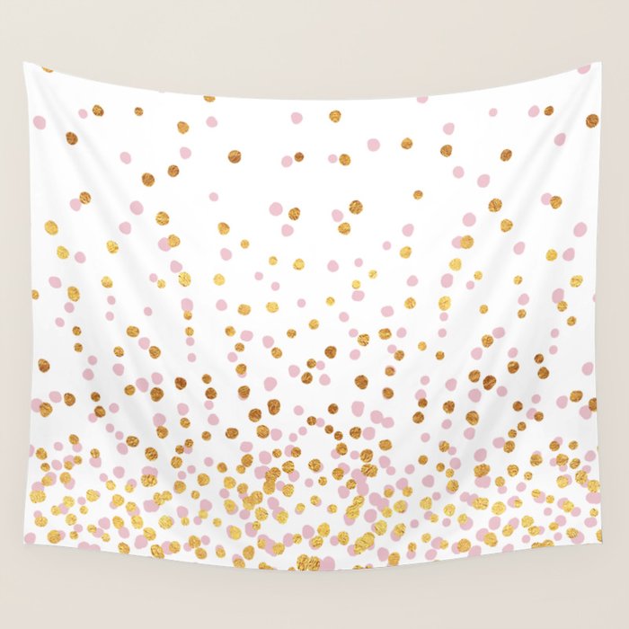 Floating Dots - Pink and Gold on White Wall Tapestry Gallery Image 1