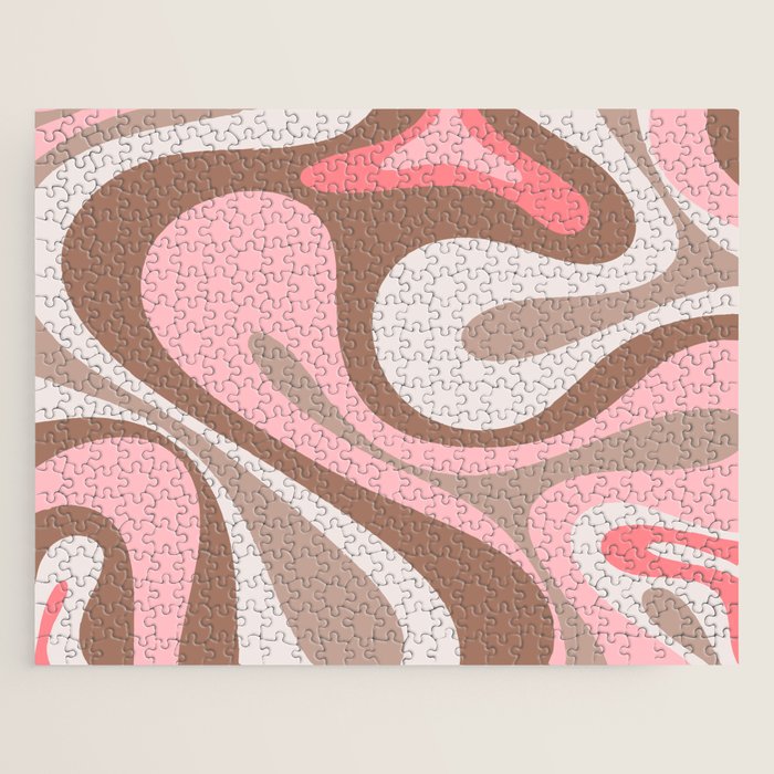 Mod Swirl Retro Abstract Pattern in Mocha Brown and Pink Jigsaw Puzzle Gallery Image 1