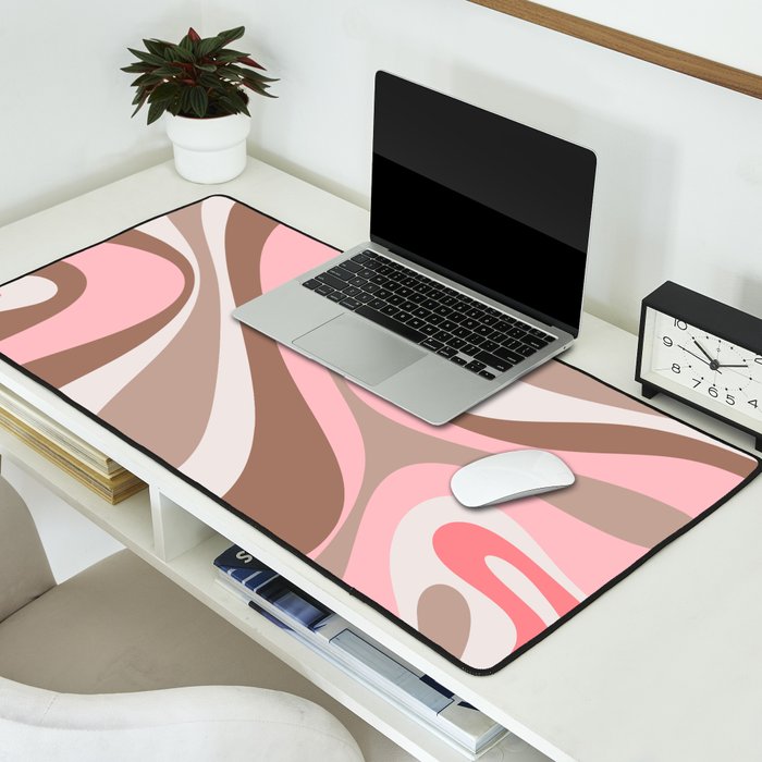 Mod Swirl Retro Abstract Pattern in Mocha Brown and Pink Desk Mat Gallery Image 2