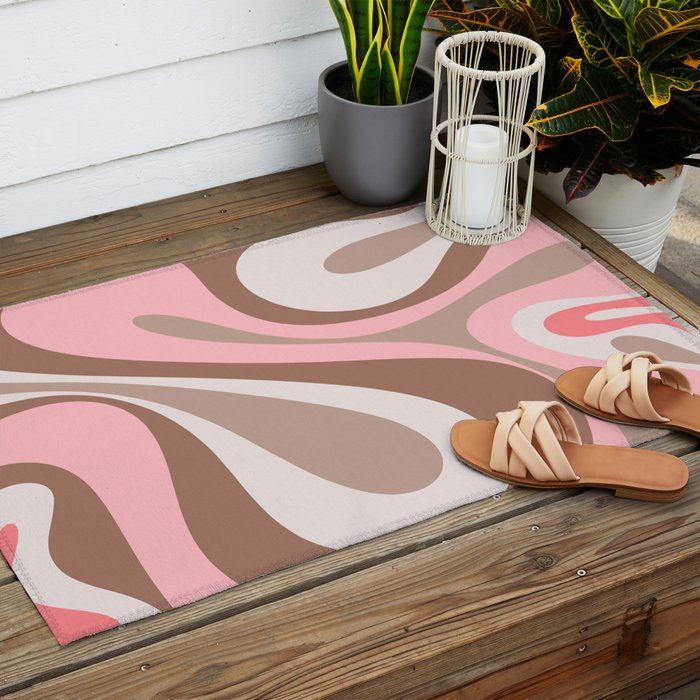 Mod Swirl Retro Abstract Pattern in Mocha Brown and Pink Outdoor Rug Gallery Image 2