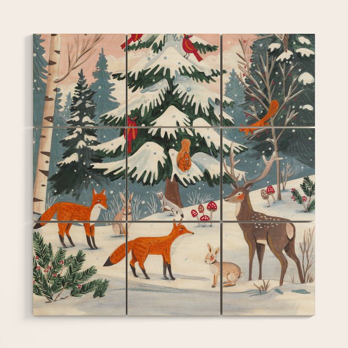 Animals in a Snowy Winter Forest Wood Wall Art Gallery Image 1