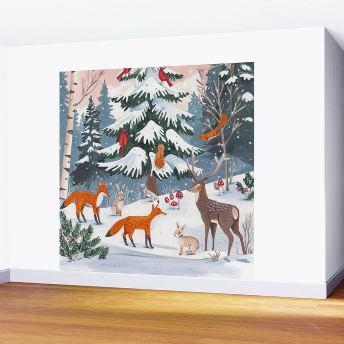 Animals in a Snowy Winter Forest Wall Mural Gallery Image 2
