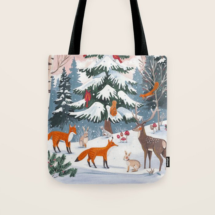 Animals in a Snowy Winter Forest Tote Bag Gallery Image 1