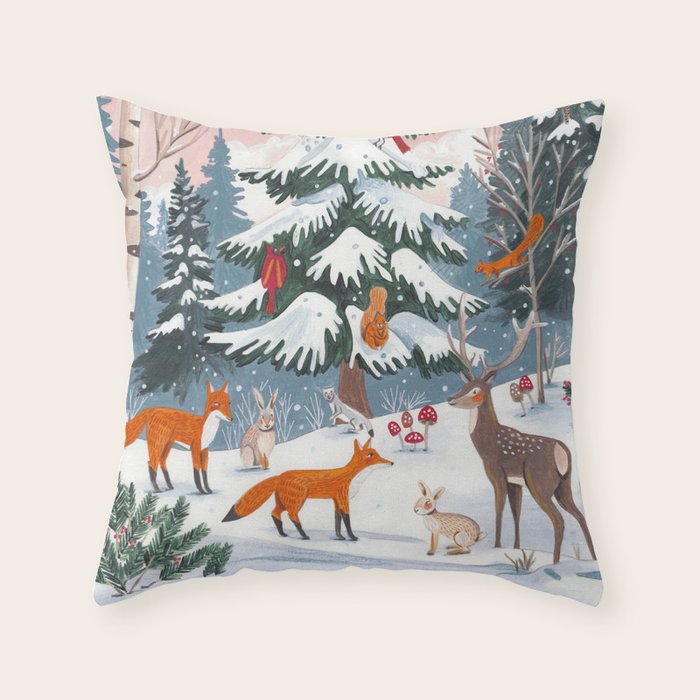 Animals in a Snowy Winter Forest Throw Pillow Gallery Image 1