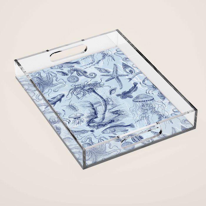 Coral Reef Life Underwater Sea Scene Blue Monochromatic Toile Pattern  Acrylic Tray Gallery Image 1