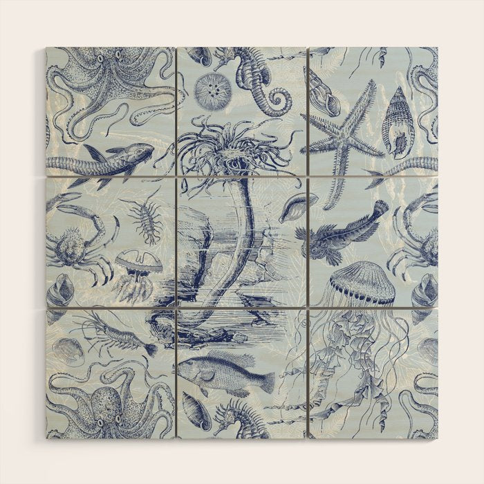 Coral Reef Life Underwater Sea Scene Blue Monochromatic Toile Pattern  Wood Wall Art Gallery Image 1