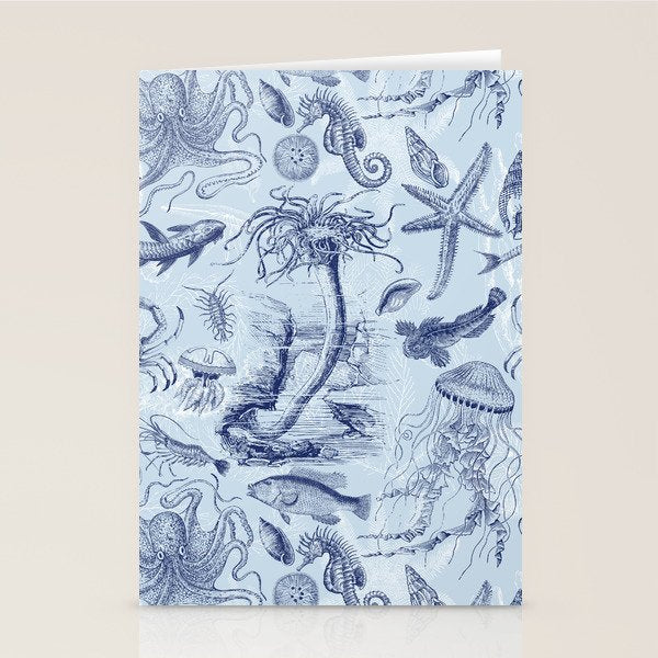 Coral Reef Life Underwater Sea Scene Blue Monochromatic Toile Pattern  Stationery Card Gallery Image 1