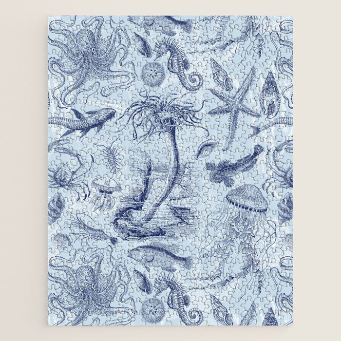 Coral Reef Life Underwater Sea Scene Blue Monochromatic Toile Pattern  Jigsaw Puzzle Gallery Image 1
