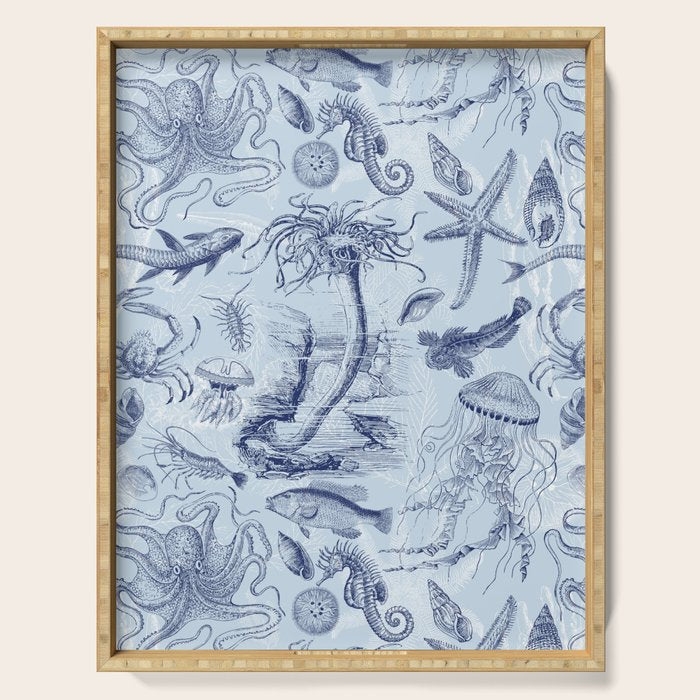 Coral Reef Life Underwater Sea Scene Blue Monochromatic Toile Pattern  Serving Tray Gallery Image 1