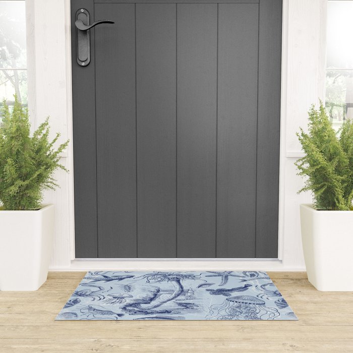 Coral Reef Life Underwater Sea Scene Blue Monochromatic Toile Pattern  Welcome Mat Gallery Image 3