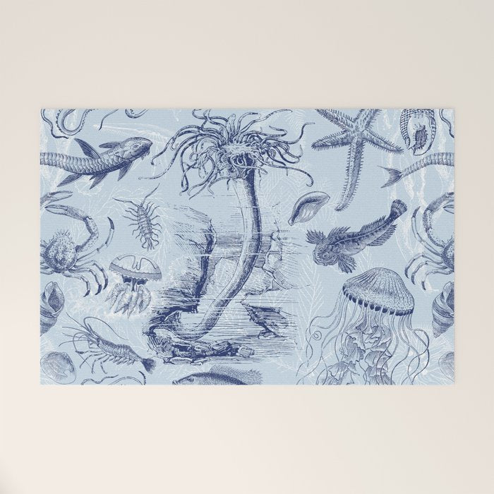 Coral Reef Life Underwater Sea Scene Blue Monochromatic Toile Pattern  Welcome Mat Gallery Image 1