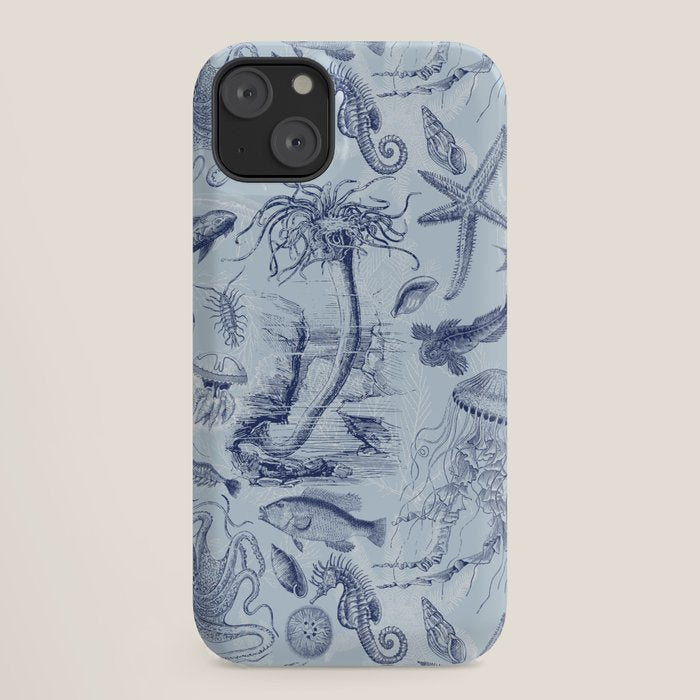 Coral Reef Life Underwater Sea Scene Blue Monochromatic Toile Pattern  iPhone Case Gallery Image 18