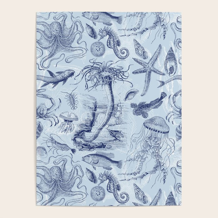 Coral Reef Life Underwater Sea Scene Blue Monochromatic Toile Pattern  Poster Gallery Image 4