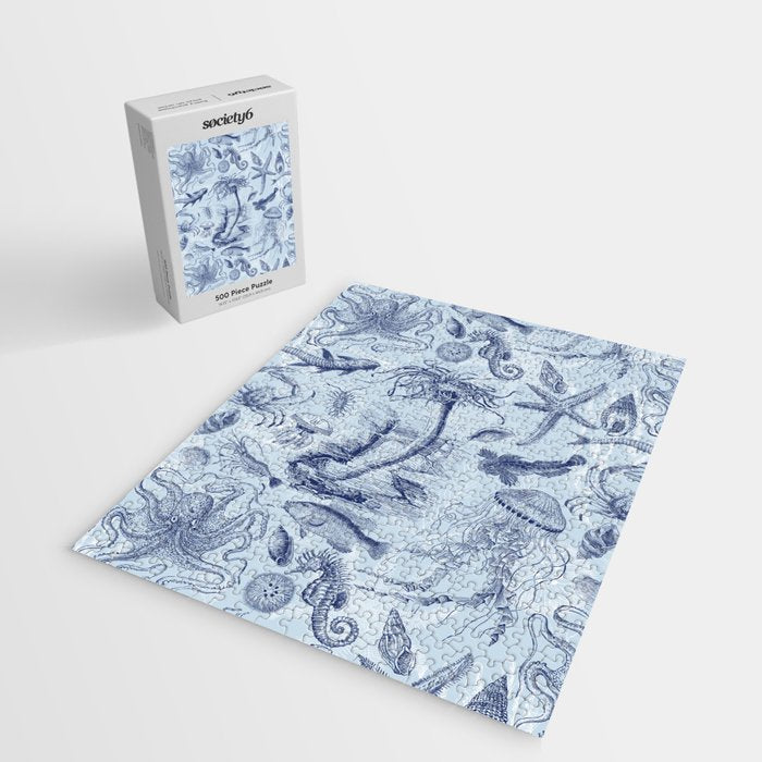 Coral Reef Life Underwater Sea Scene Blue Monochromatic Toile Pattern  Jigsaw Puzzle Gallery Image 2