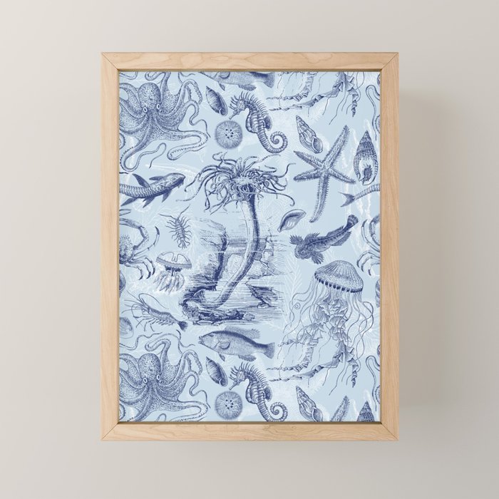 Coral Reef Life Underwater Sea Scene Blue Monochromatic Toile Pattern  Mini Art Print Gallery Image 1