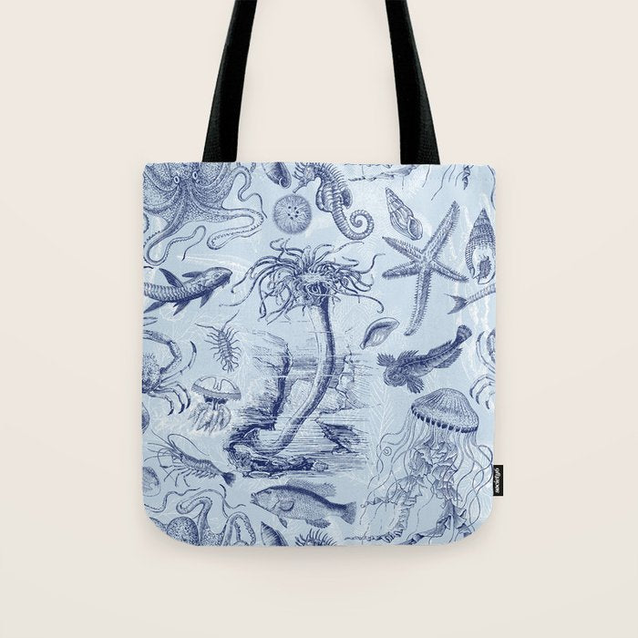 Coral Reef Life Underwater Sea Scene Blue Monochromatic Toile Pattern  Tote Bag Gallery Image 1