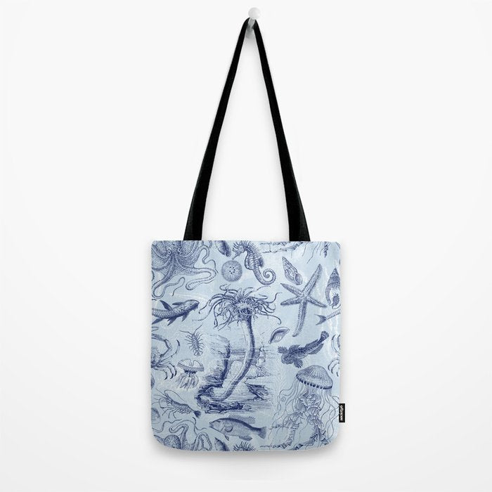 Coral Reef Life Underwater Sea Scene Blue Monochromatic Toile Pattern  Tote Bag Gallery Image 2