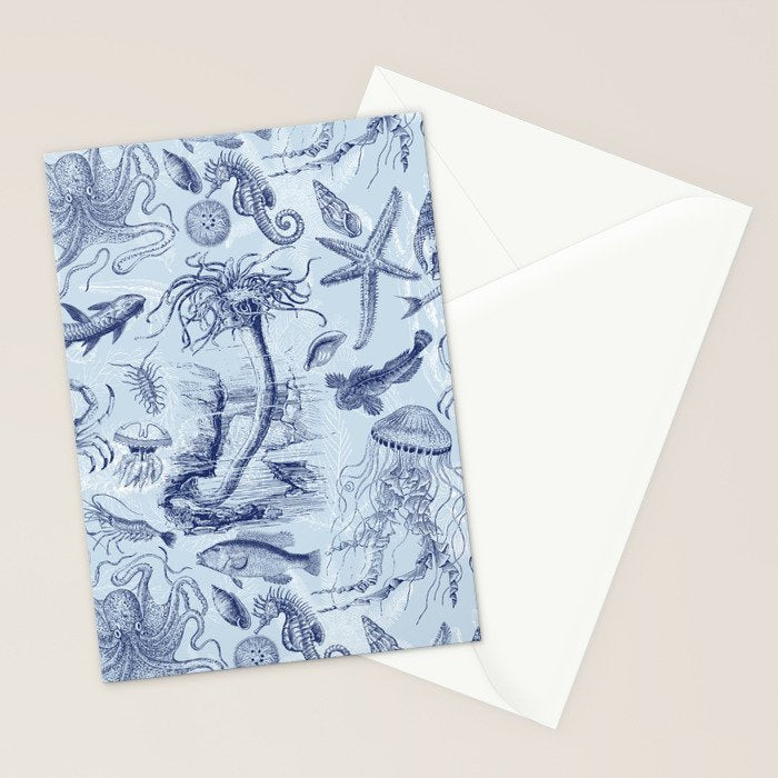 Coral Reef Life Underwater Sea Scene Blue Monochromatic Toile Pattern  Stationery Card Gallery Image 2