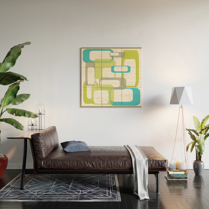 Mid-Century Modern Rectangle Design Blue Green and Gray Wood Wall Art Gallery Image 2
