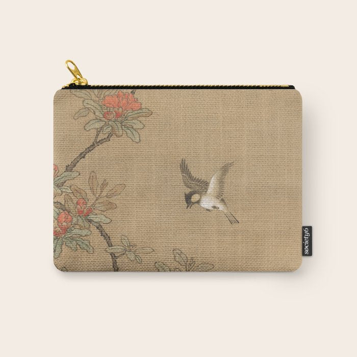 16th Century Japanese Bird and Peony Edo Era Painting Carry All Pouch Gallery Image 1