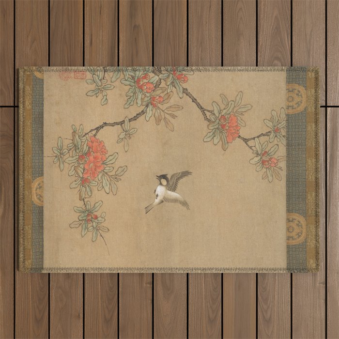 16th Century Japanese Bird and Peony Edo Era Painting Outdoor Rug Gallery Image 1