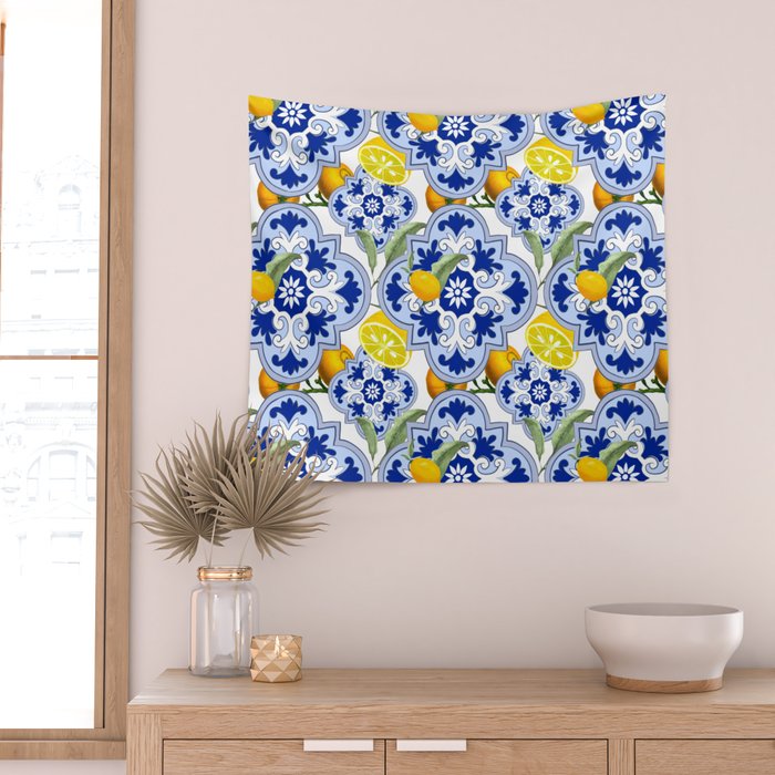 Summer citrus ,floral Mediterranean style ,lemon fruit pattern  Wall Tapestry Gallery Image 2
