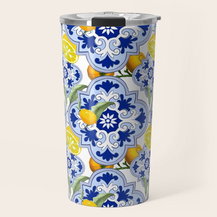 Summer citrus ,floral Mediterranean style ,lemon fruit pattern  Travel Mug Gallery Image 1