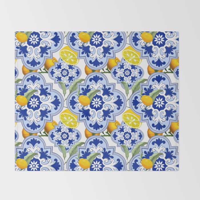 Summer citrus ,floral Mediterranean style ,lemon fruit pattern  Throw Blanket Gallery Image 2