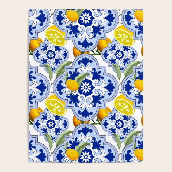 Summer citrus ,floral Mediterranean style ,lemon fruit pattern  Poster Gallery Image 4