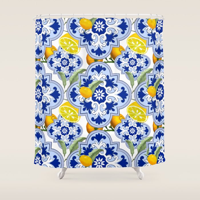 Summer citrus ,floral Mediterranean style ,lemon fruit pattern  Shower Curtain Gallery Image 1
