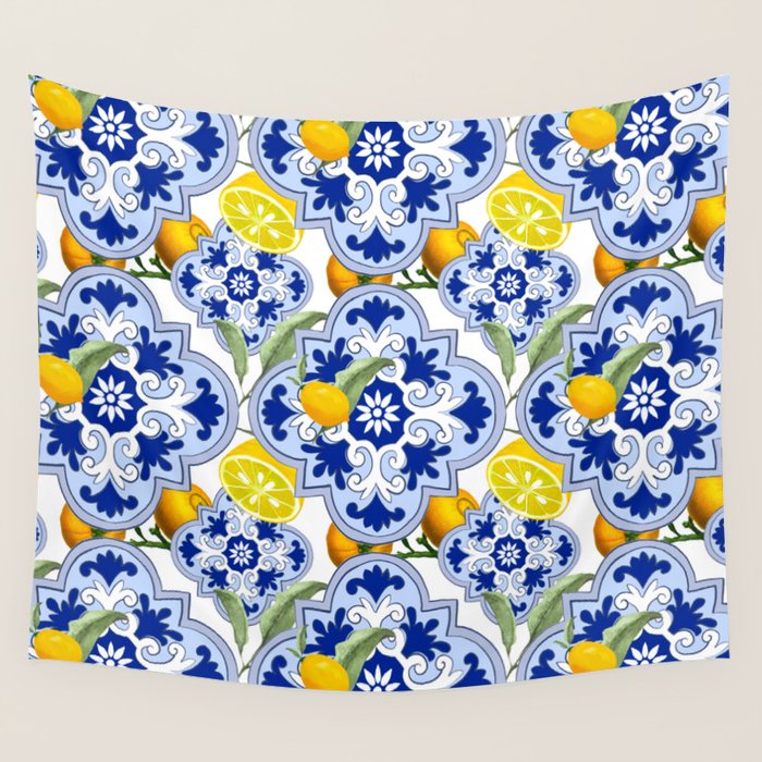 Summer citrus ,floral Mediterranean style ,lemon fruit pattern  Wall Tapestry Gallery Image 4