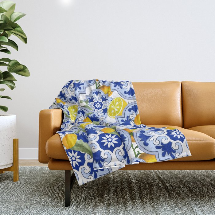 Summer citrus ,floral Mediterranean style ,lemon fruit pattern  Throw Blanket Gallery Image 1