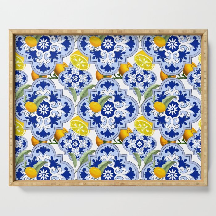 Summer citrus ,floral Mediterranean style ,lemon fruit pattern  Serving Tray Gallery Image 1