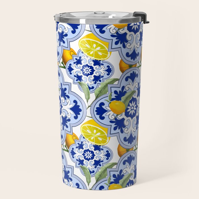 Summer citrus ,floral Mediterranean style ,lemon fruit pattern  Travel Mug Gallery Image 2