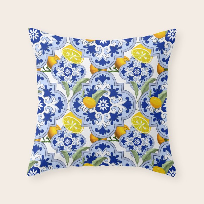 Summer citrus ,floral Mediterranean style ,lemon fruit pattern  Throw Pillow Gallery Image 1
