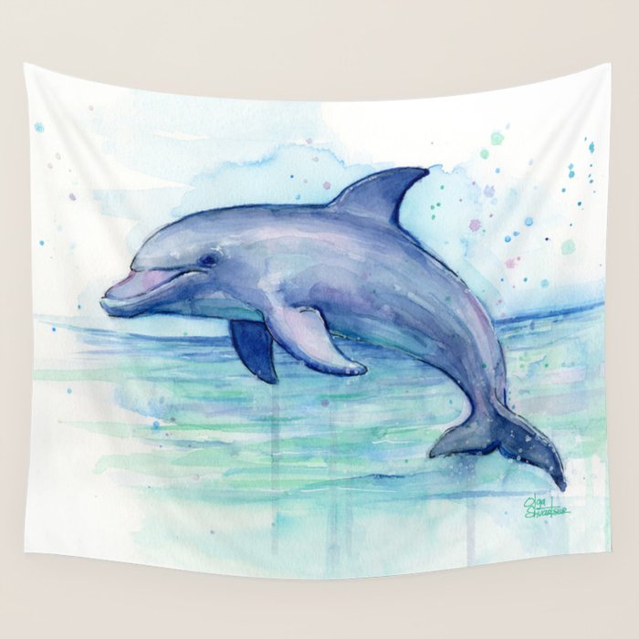 Dolphin Watercolor Sea Creature Animal Wall Tapestry Gallery Image 4