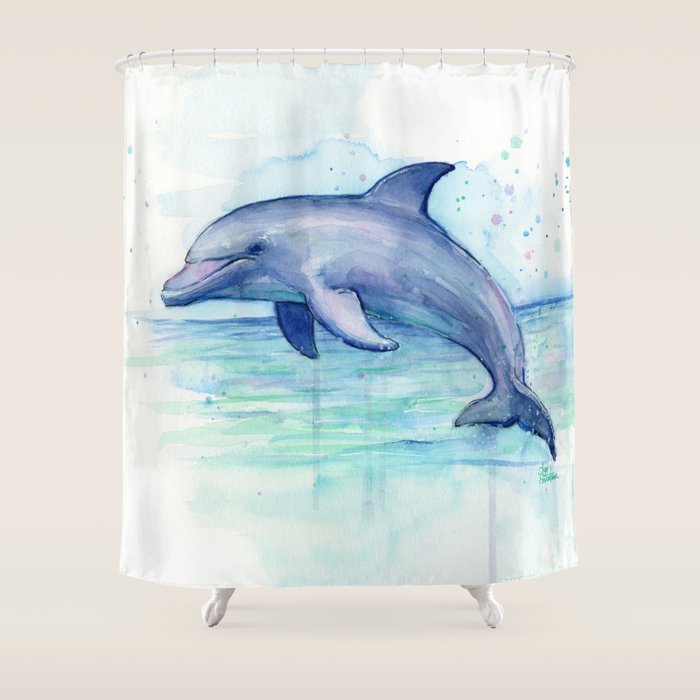 Dolphin Watercolor Sea Creature Animal Shower Curtain Gallery Image 1
