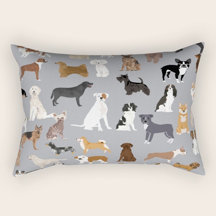 Mixed Dog lots of dogs dog lovers rescue dog art print pattern grey poodle shepherd akita corgi Rectangular Pillow Gallery Image 1