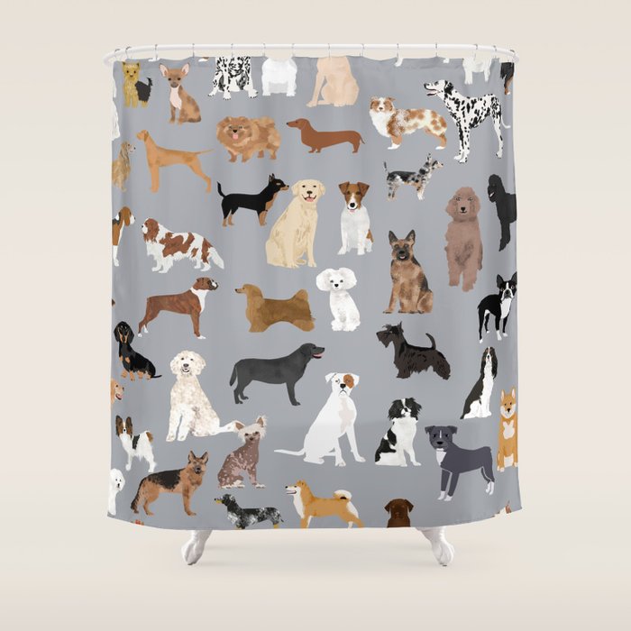 Mixed Dog lots of dogs dog lovers rescue dog art print pattern grey poodle shepherd akita corgi Shower Curtain Gallery Image 1